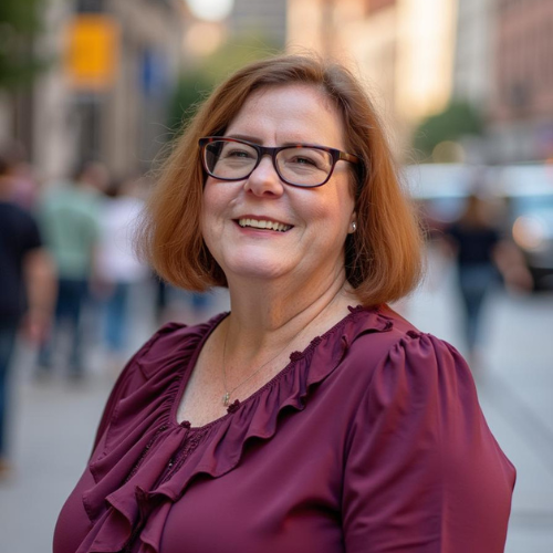 A smiling woman with auburn hair and glasses wearing a deep red ruffled top, standing on a blurred city street.