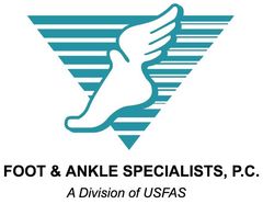 Logo for Foot & Ankle Specialists, P.C. featuring a winged foot within a teal and white triangle.