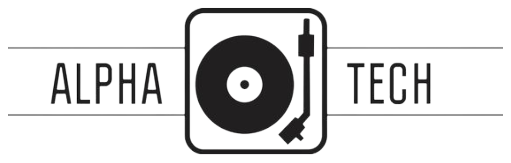 A black and white logo for alpha tech with a record player