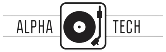 A black and white logo for alpha tech with a record player