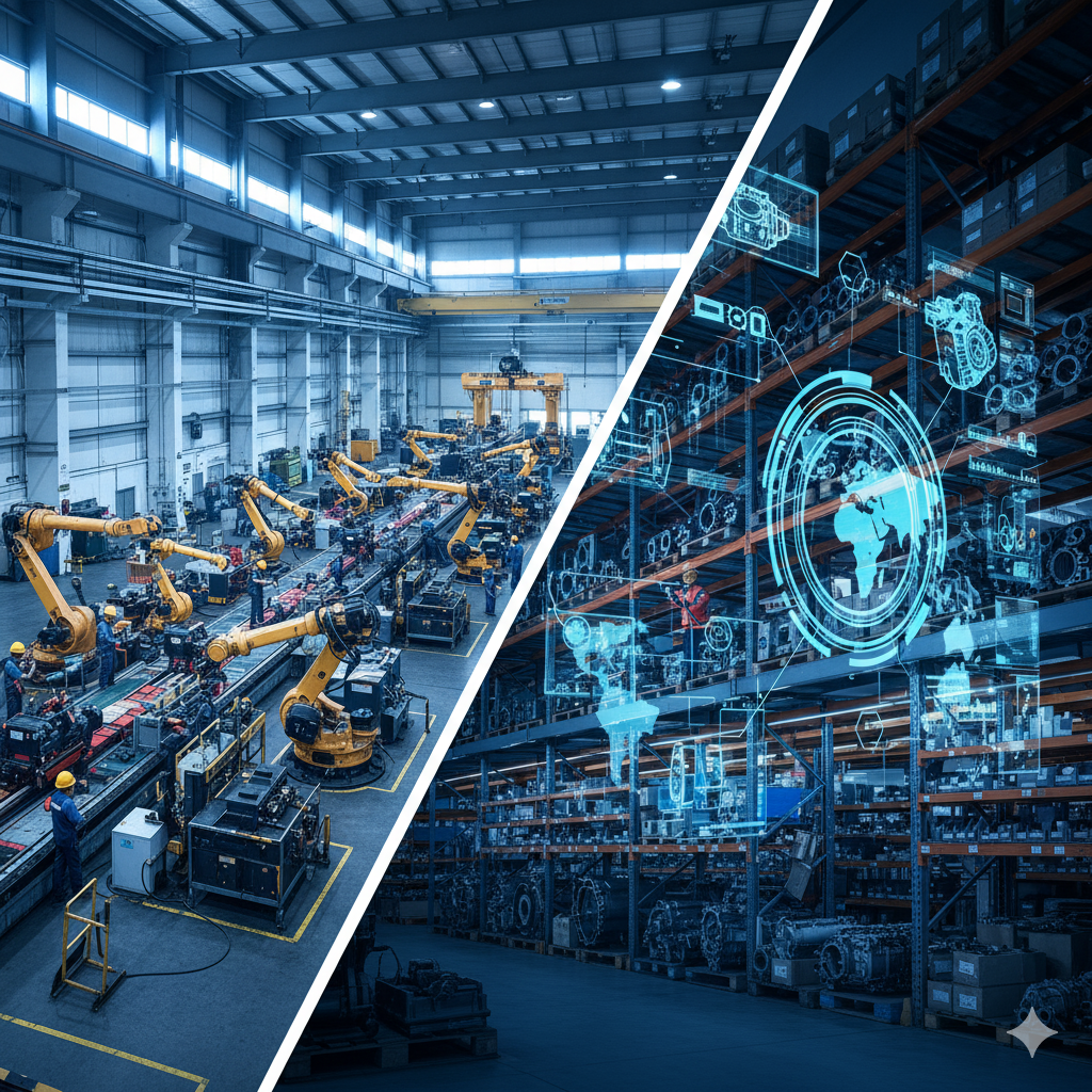 Factory floor with robotic arms; warehouse with digital interface overlay.