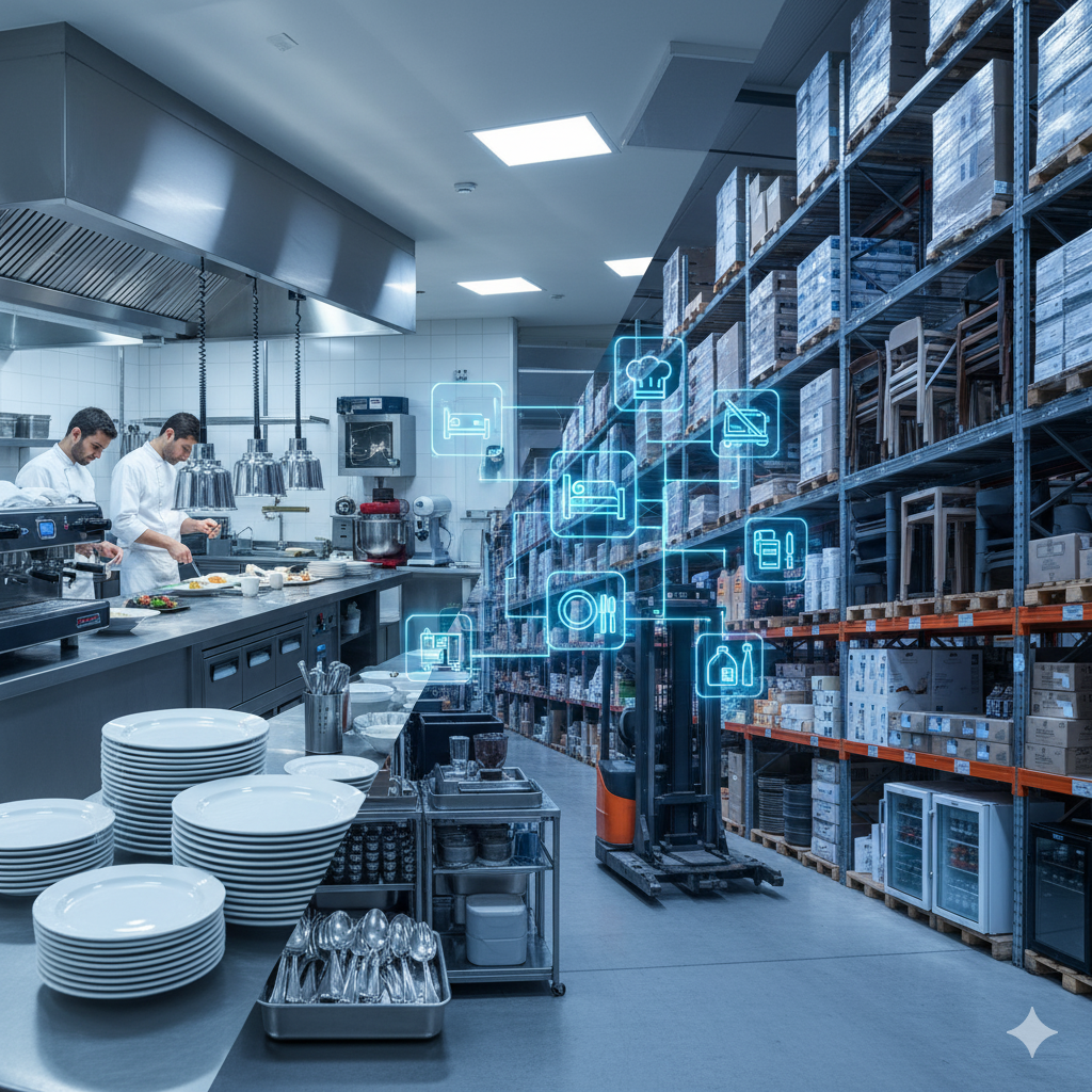 Chefs in a kitchen with a warehouse, digital icons overlay.