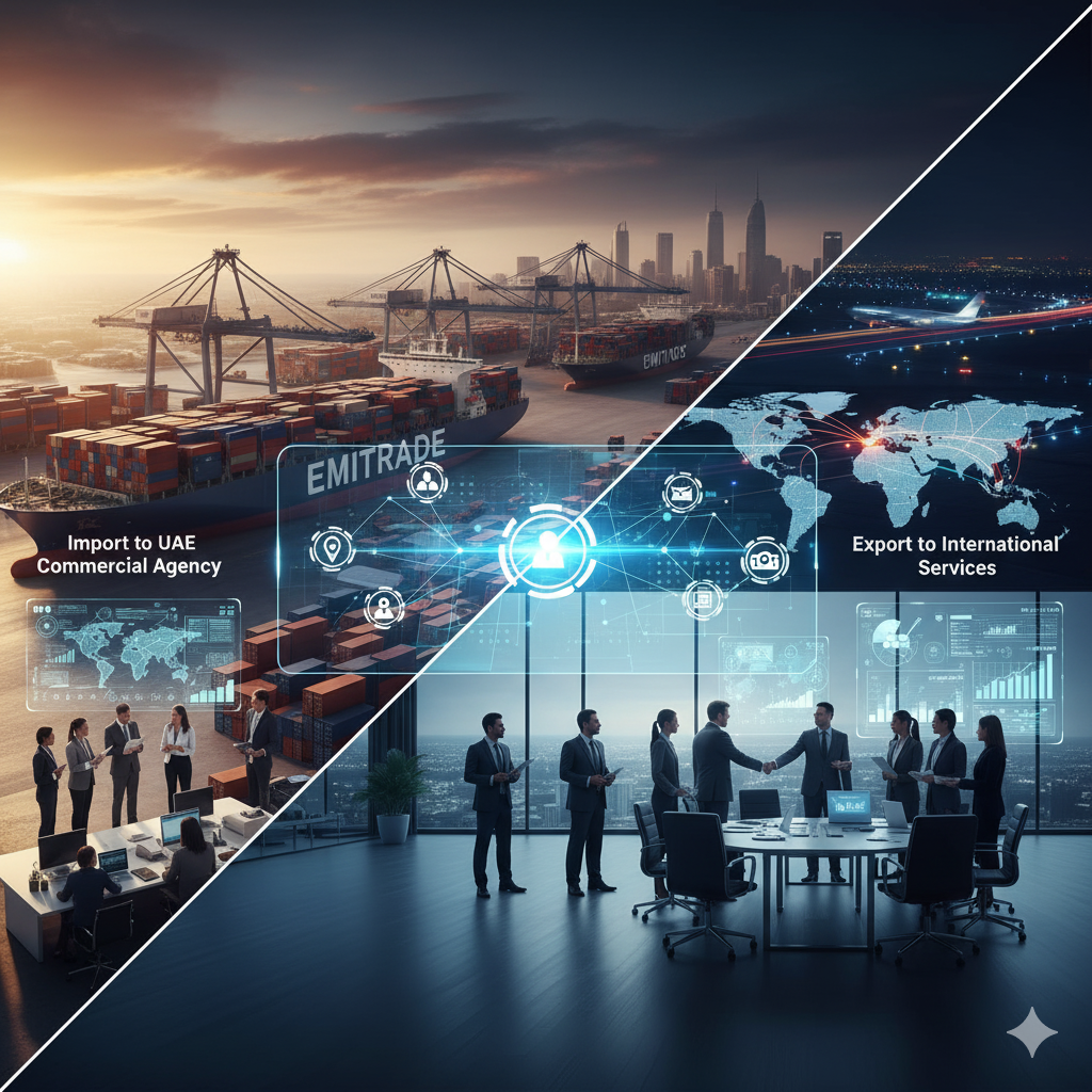 Split view: cargo port with office setting. Text: Emitrade. People working, interacting with digital displays.