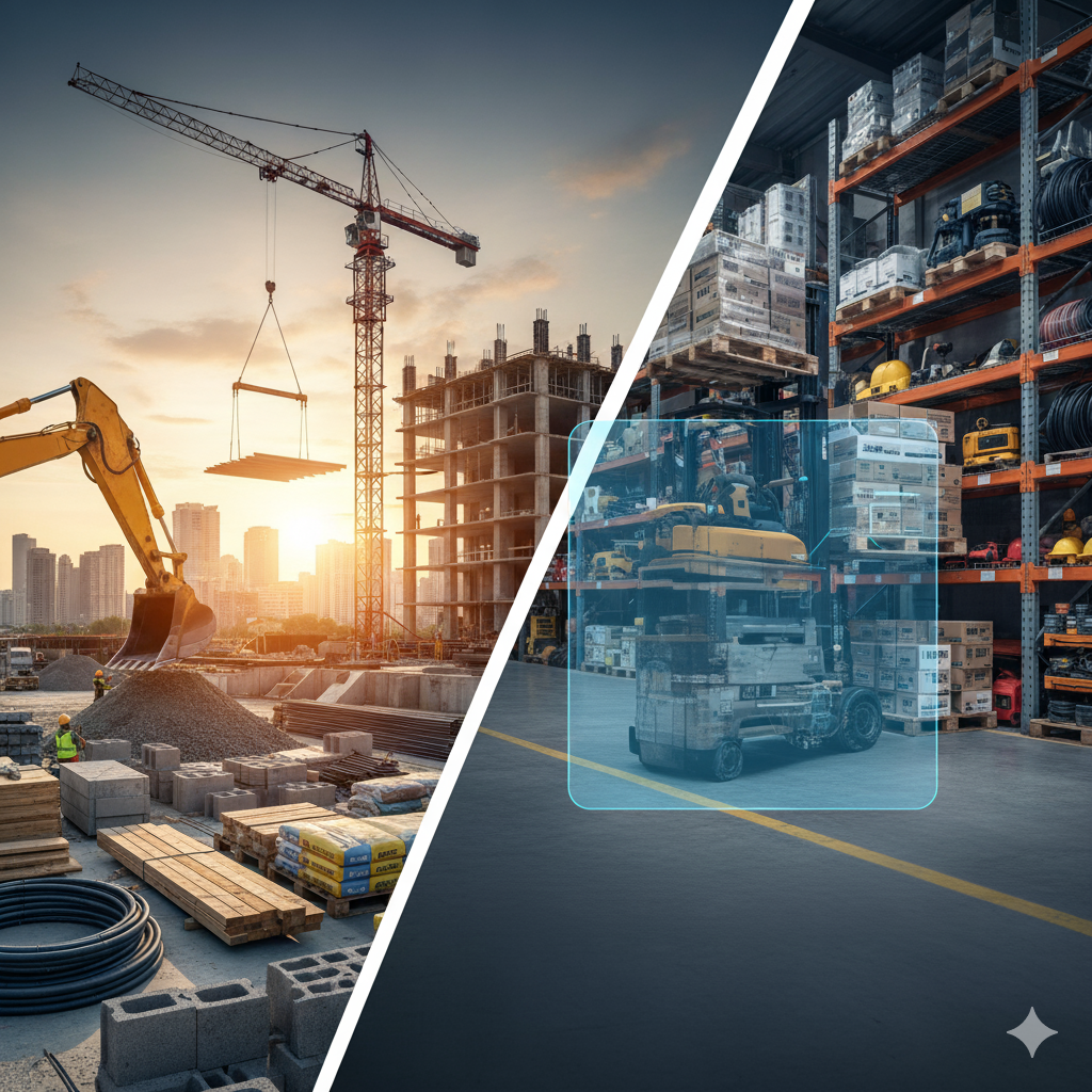 Construction site with a crane and warehouse with forklift, split diagonally.