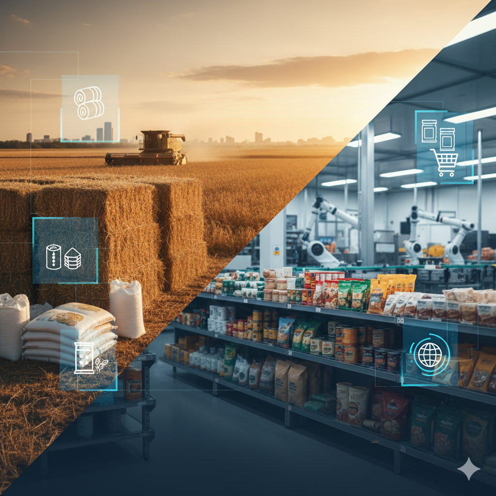 A split image: farm field with combine, and grocery store with shelves full of products.