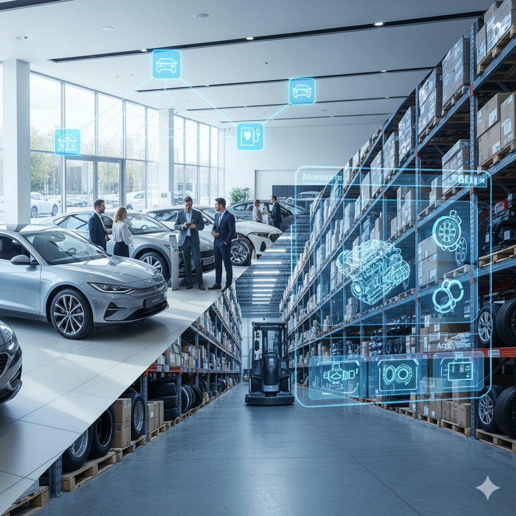 Car showroom and warehouse; customers with cars; warehouse with auto parts; digital icons overlaying.