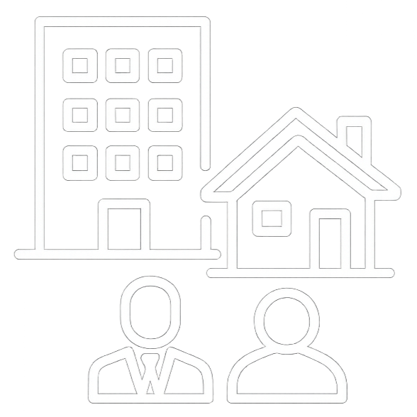 Edificio per uffici e casa con due icone di persone, probabilmente rappresentanti immobili.