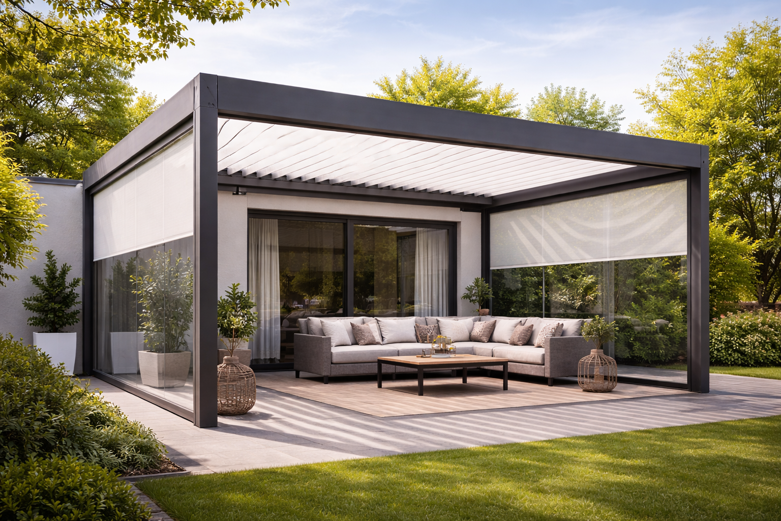 Finestra aperta con zanzariera, vista sulla casa e sul cielo azzurro.