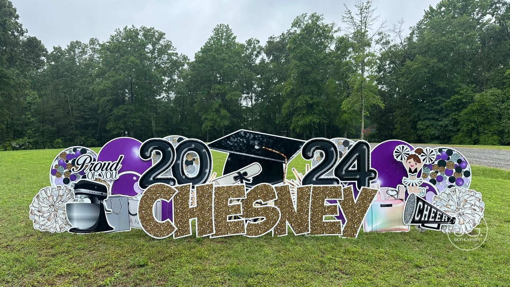 A large sign that says `` chesney '' is sitting on top of a lush green field.