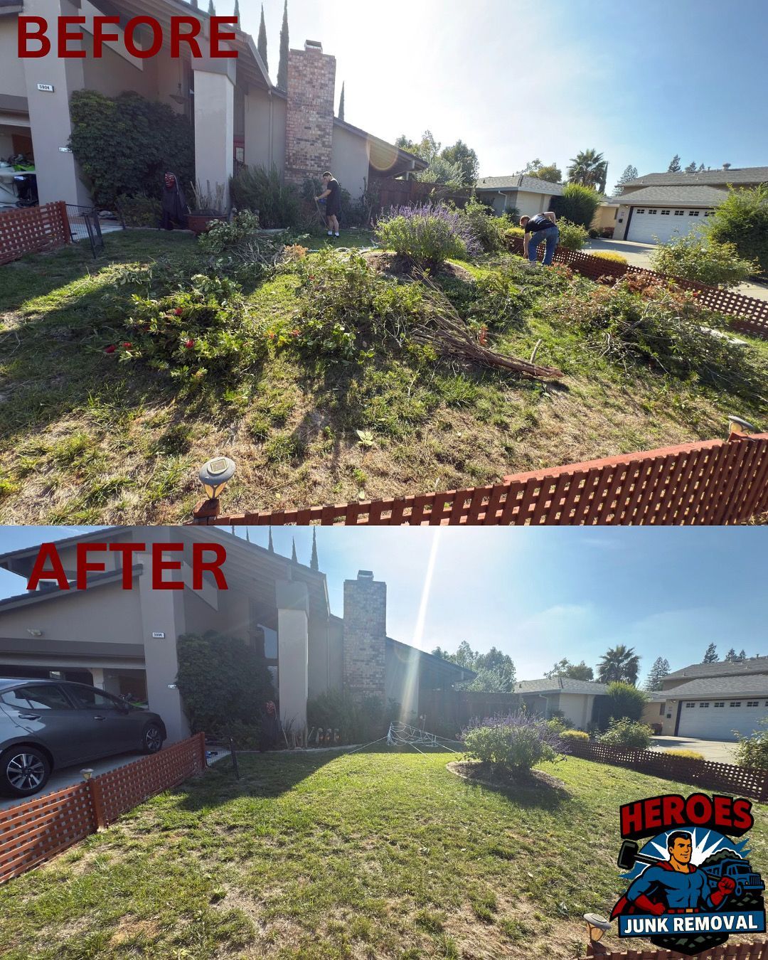Before and after comparison of a front yard, showing overgrown brush cleared to reveal a neat, open lawn.
