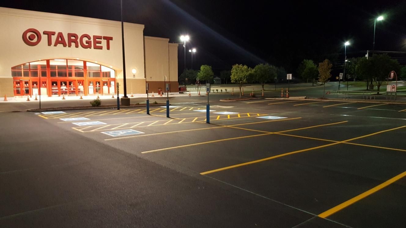 An empty parking lot in front of a target store