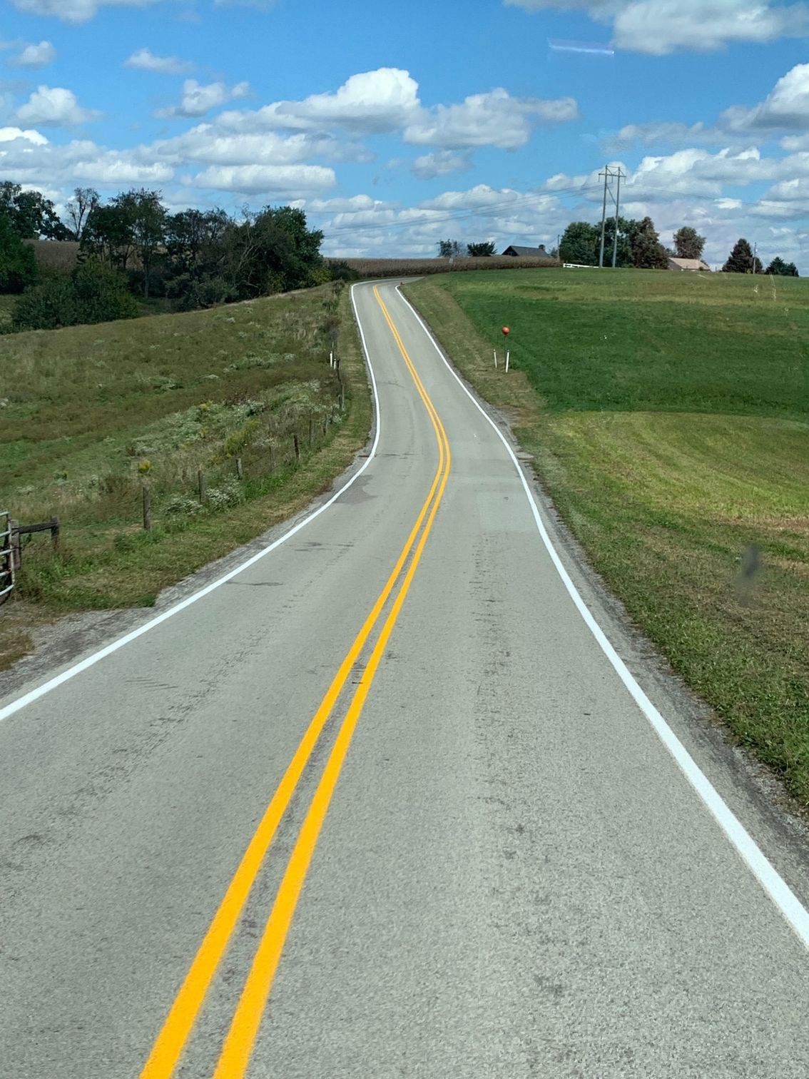 A road with yellow lines going through a field