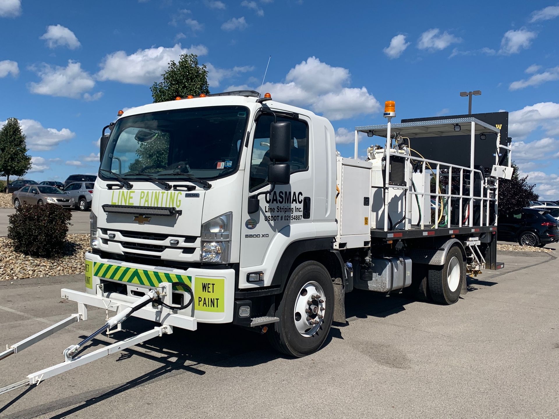 A white truck is parked on the side of the road.