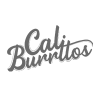 Um logotipo preto e branco para burritos cali em um fundo branco.