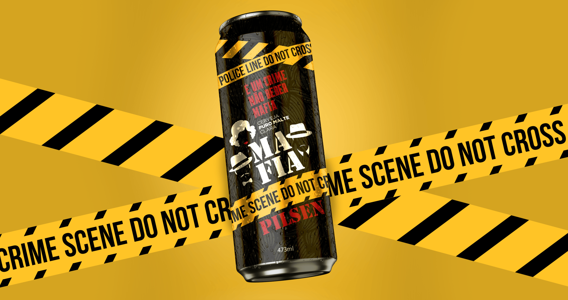 Uma lata de cerveja está sobre uma fita amarela que diz que a cena do crime não deve ser cruzada.