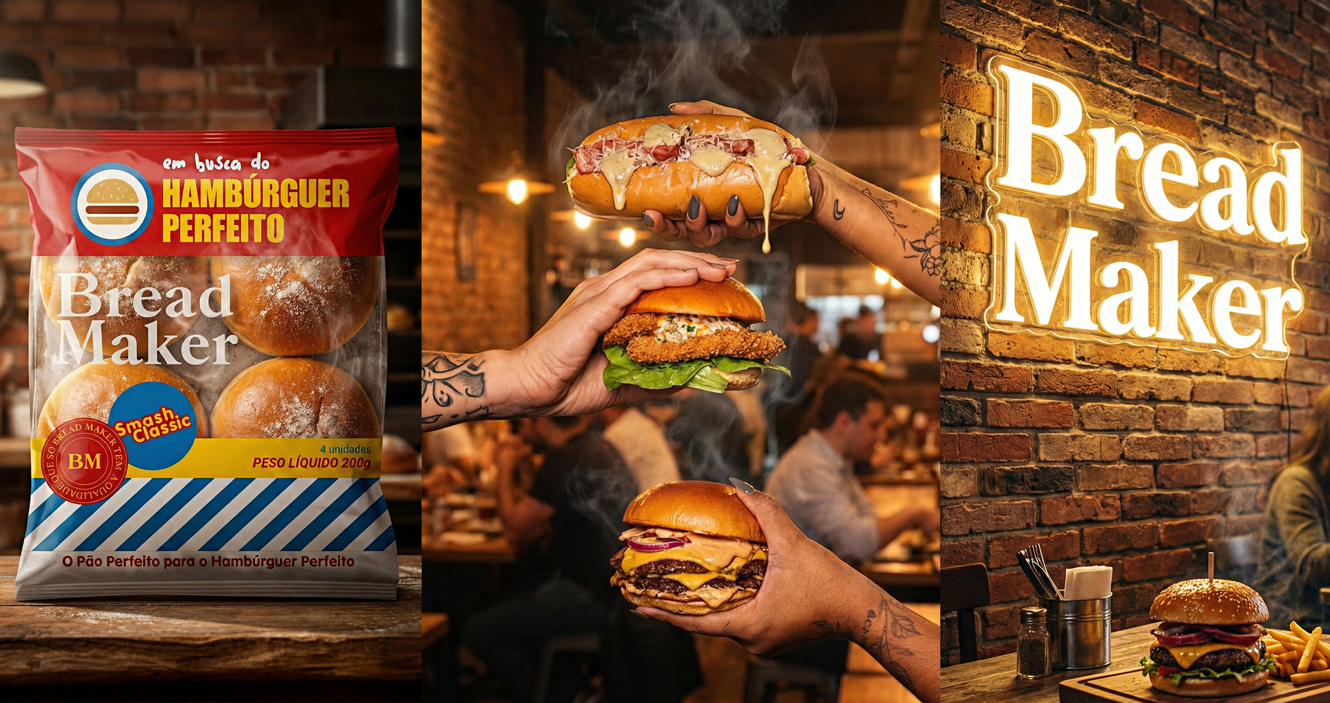 Um homem está comendo um hambúrguer em uma colagem de fotos.