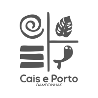 A black and white logo for cais e porto camboinhas.