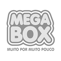 A black and white logo for mega box muito por muito pouco.