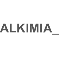 Um logotipo preto e branco para alkimia em um fundo branco.