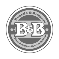 Um logotipo preto e branco para tábuas e hambúrgueres