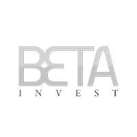 O logotipo da beta invest é um logotipo cinza em um fundo branco.