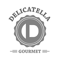 Um logotipo para delicatella gourmet com uma letra d dentro de um círculo.