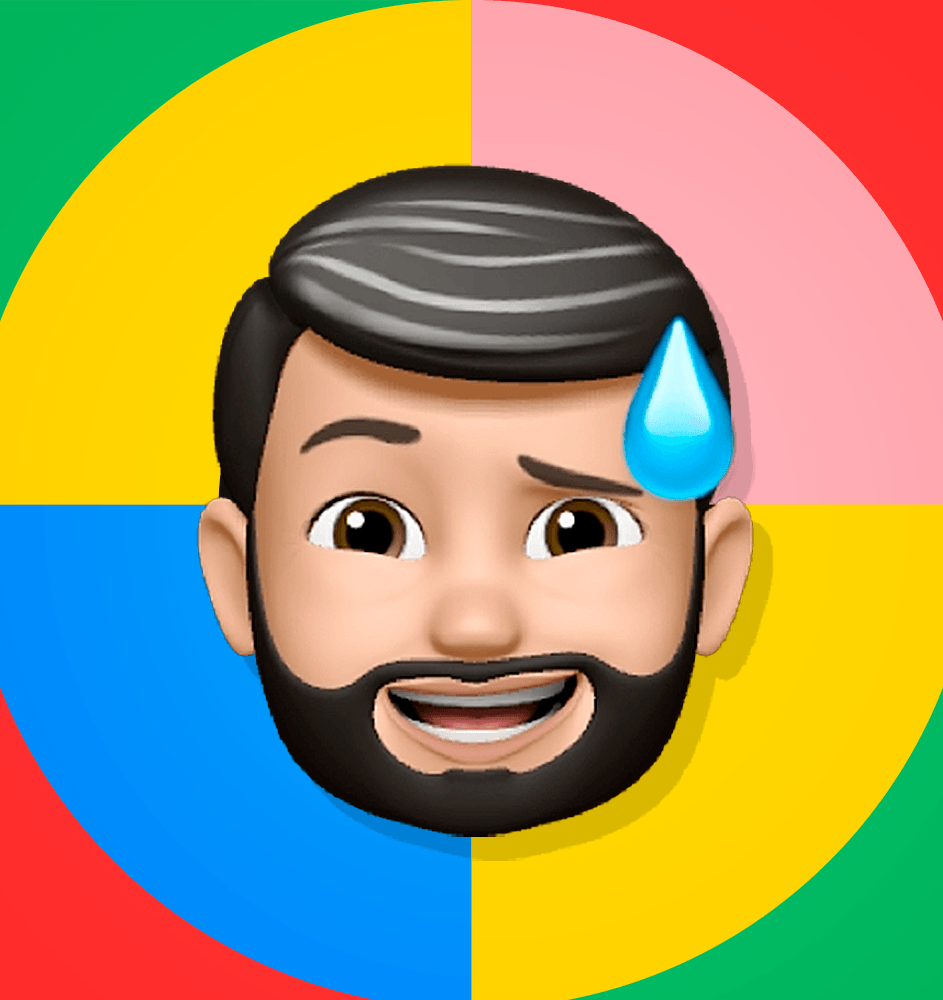 Um homem com barba está sorrindo e tem uma gota de suor na testa.