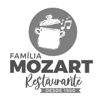 Um logotipo em preto e branco para um restaurante chamado Familia Mozart.