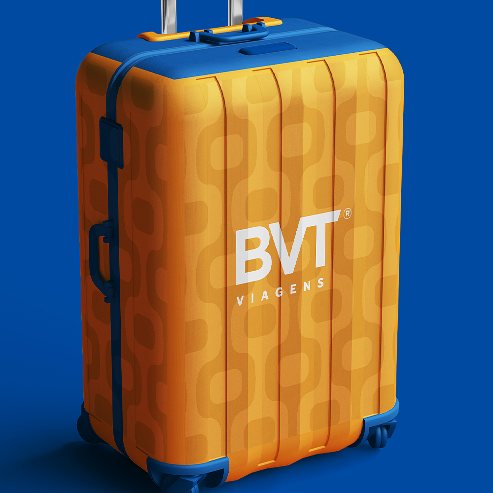 Uma mala laranja com a palavra bvt nela