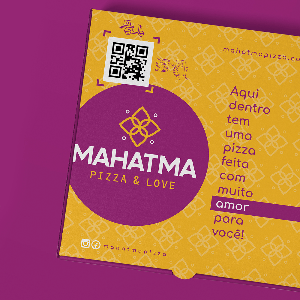 Um panfleto roxo e amarelo para mahatma pizza & love