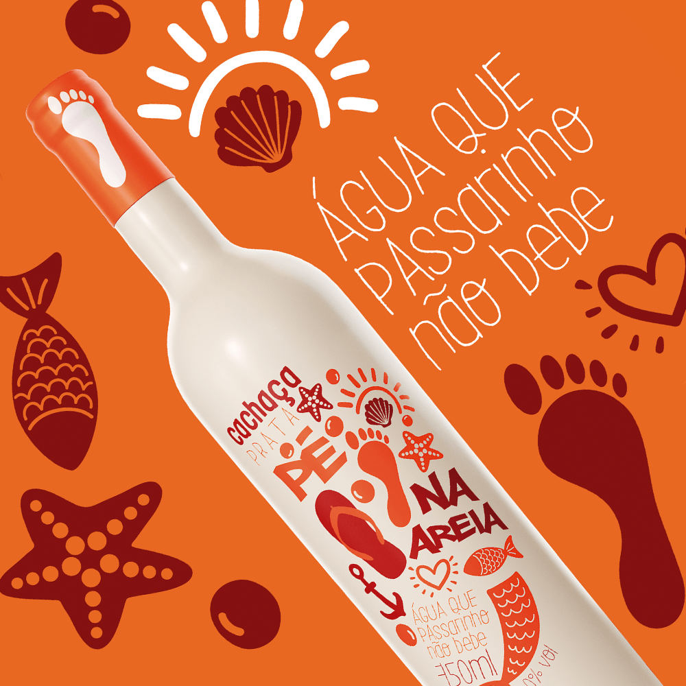 A bottle of agua que passarinho na areia on an orange background