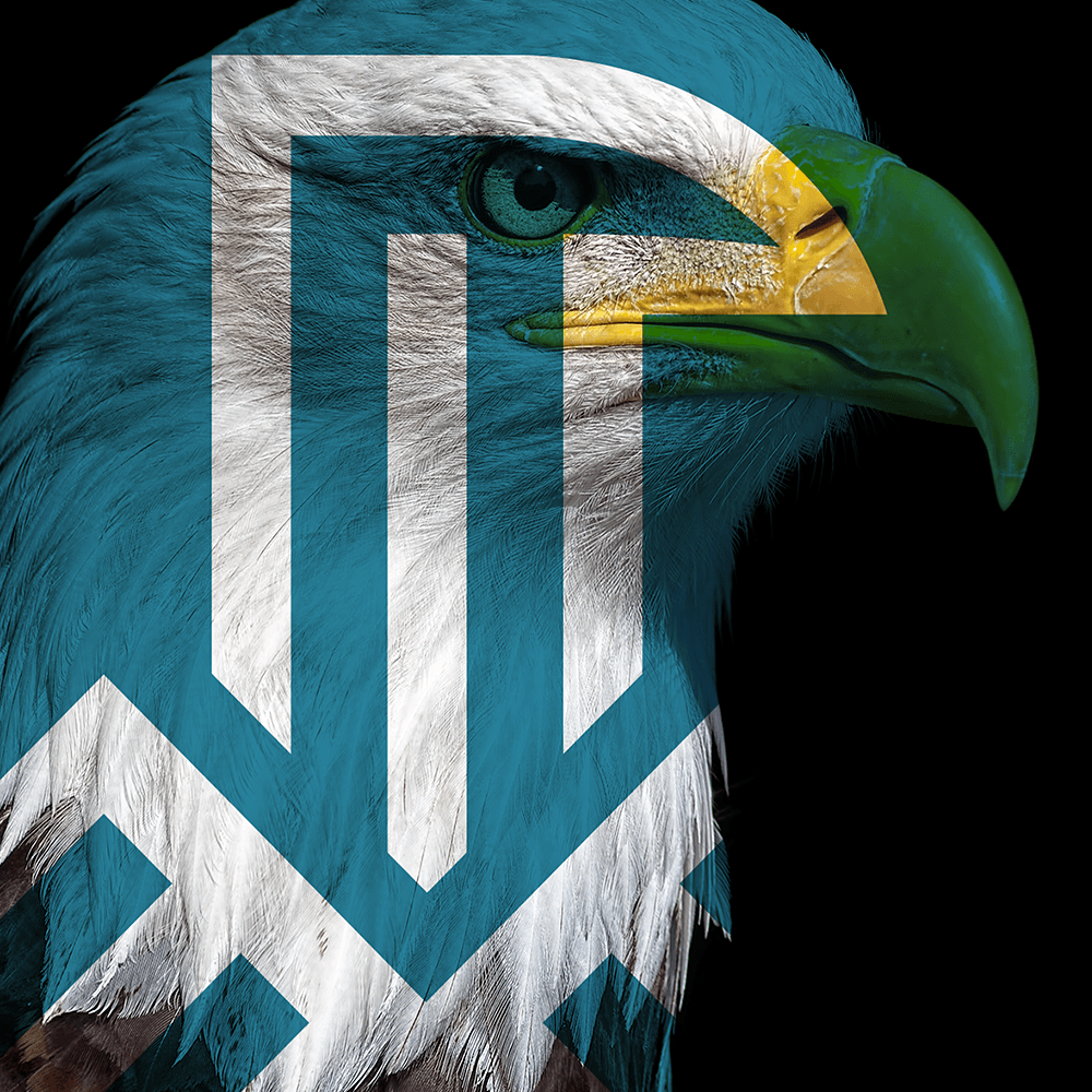 Uma águia americana com um bico verde tem a letra t pintada na cabeça