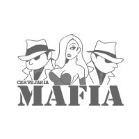 Um logotipo preto e branco para uma cervejaria da máfia com três homens e uma mulher.