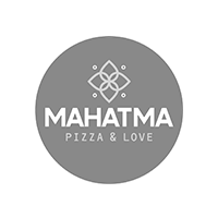 Um logotipo para uma pizzaria chamada mahatma pizza & love.
