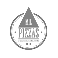 Um logotipo em preto e branco para uma pizzaria chamada mil pizzas.