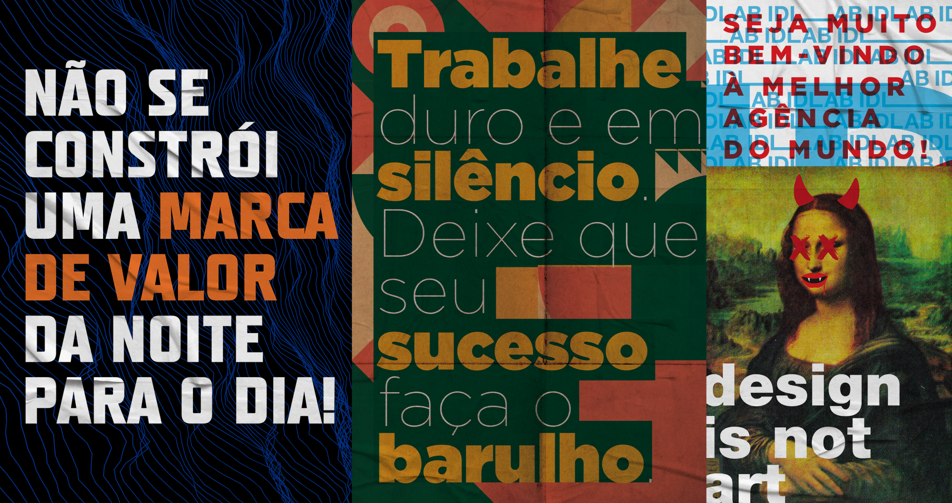 Uma colagem de pôsteres com um que diz que design não é arte