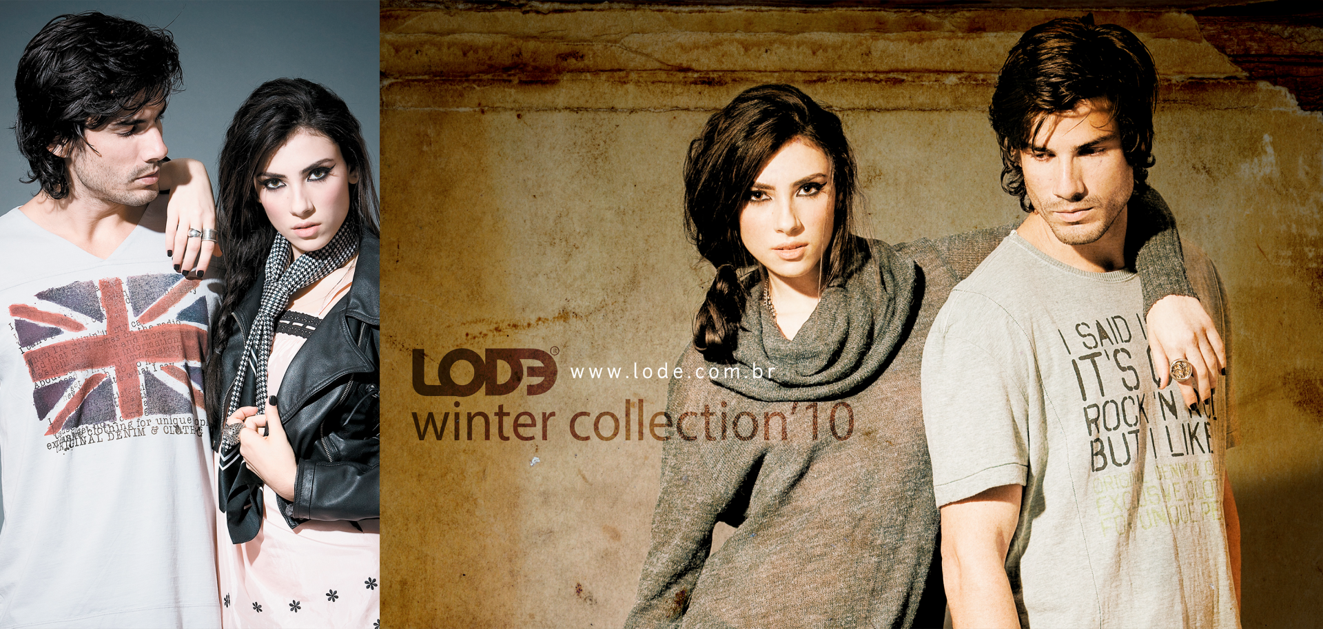 A man and a woman are standing next to each other in front of a sign that says loud winter collection 10