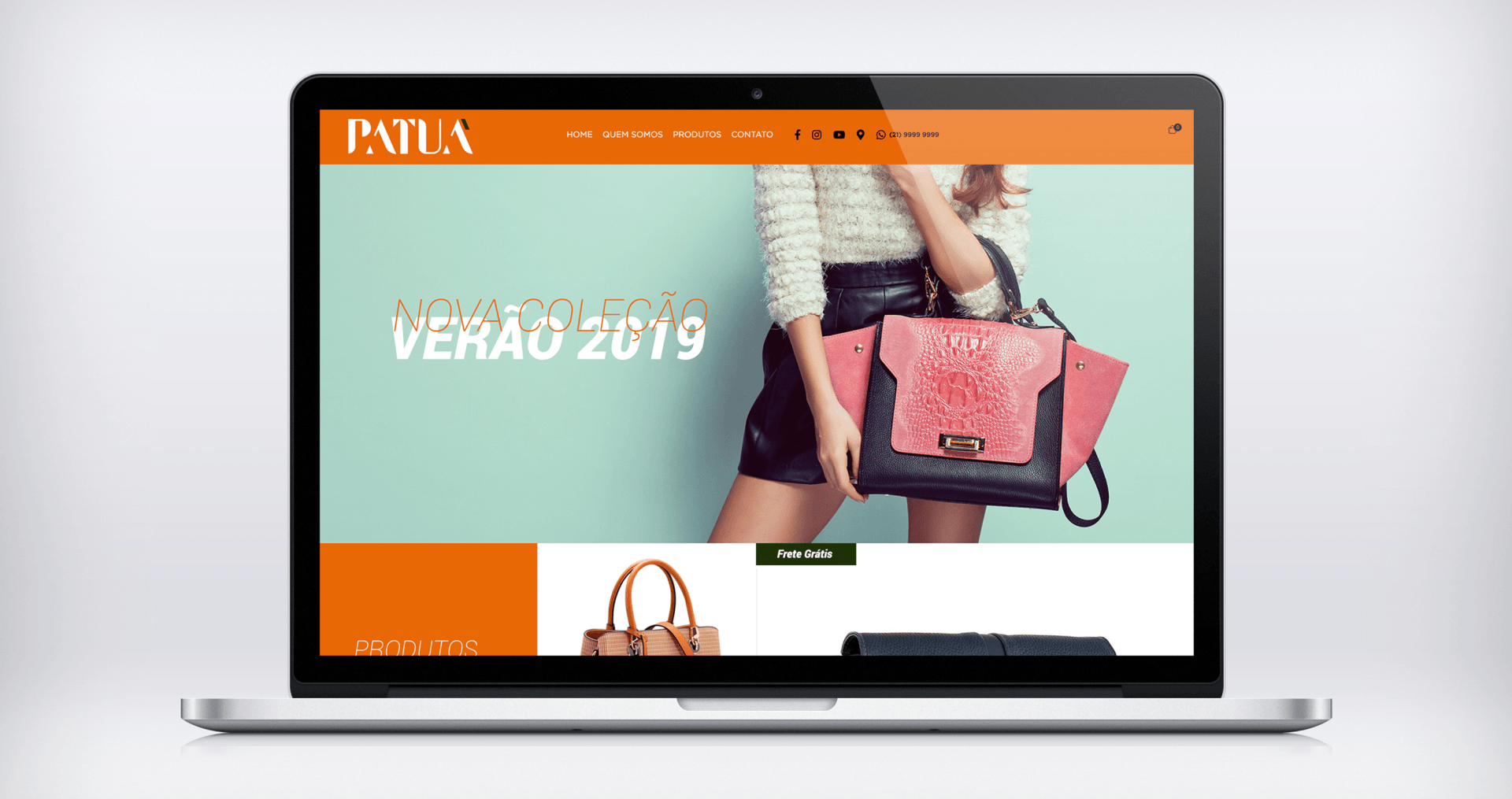 A laptop with a woman holding a pink purse on the screen.