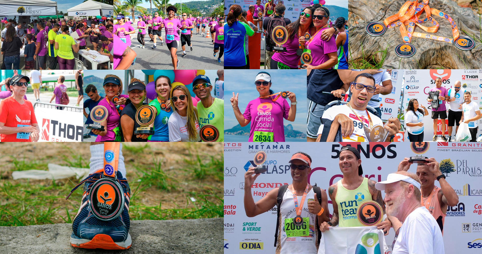 Uma colagem de fotos de pessoas em uma corrida.