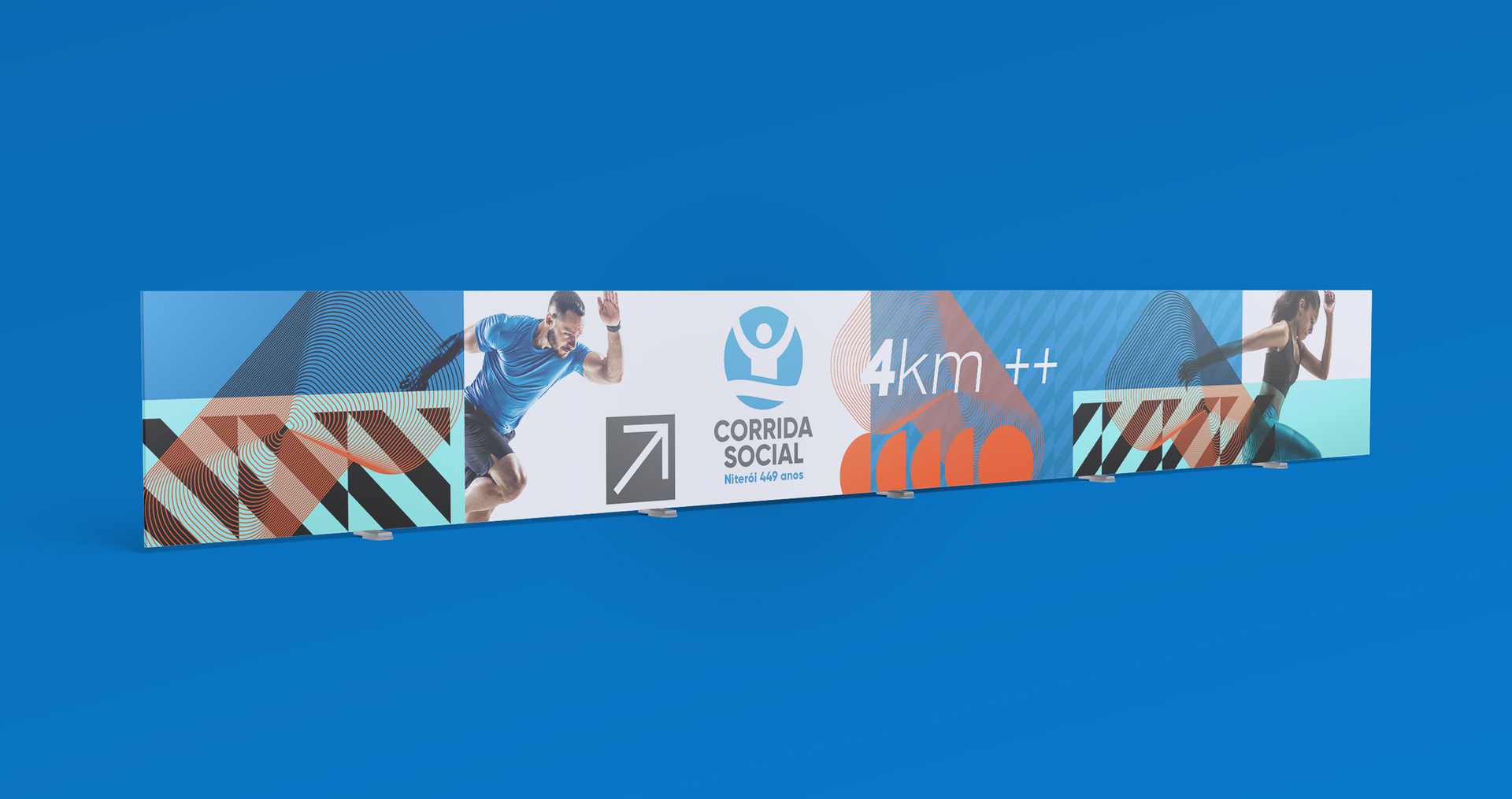 Um banner com fundo azul e um monte de fotos nele.