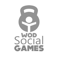 Um logotipo para jogos sociais wod com um kettlebell e uma pessoa.