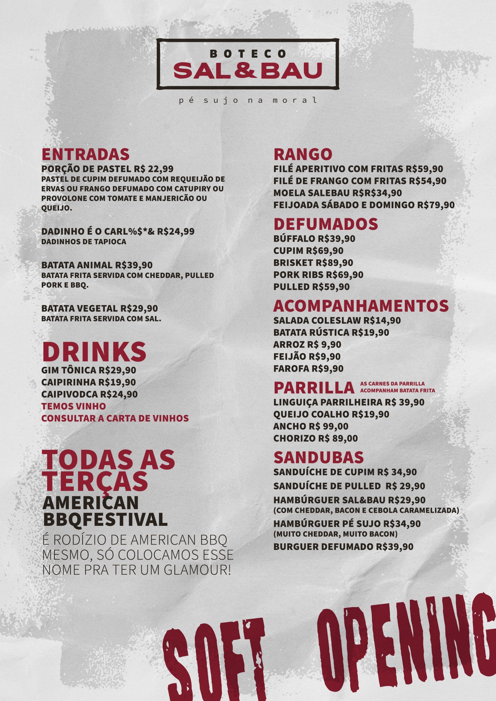 A menu for a restaurant called sal & bau