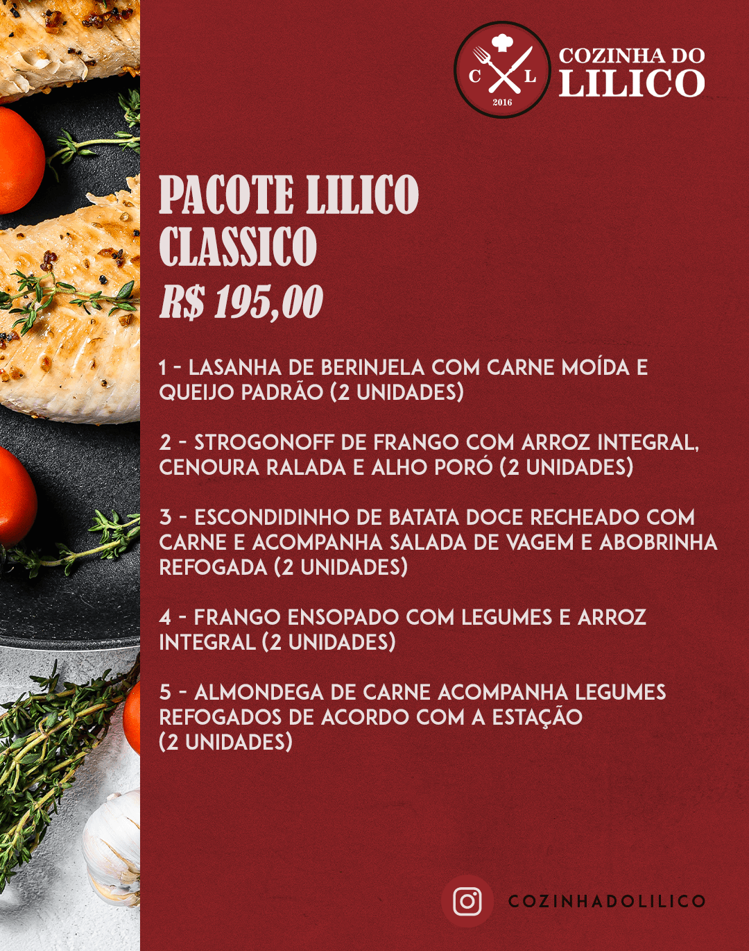 Folheto do pacote lilico clássico com foto de comida