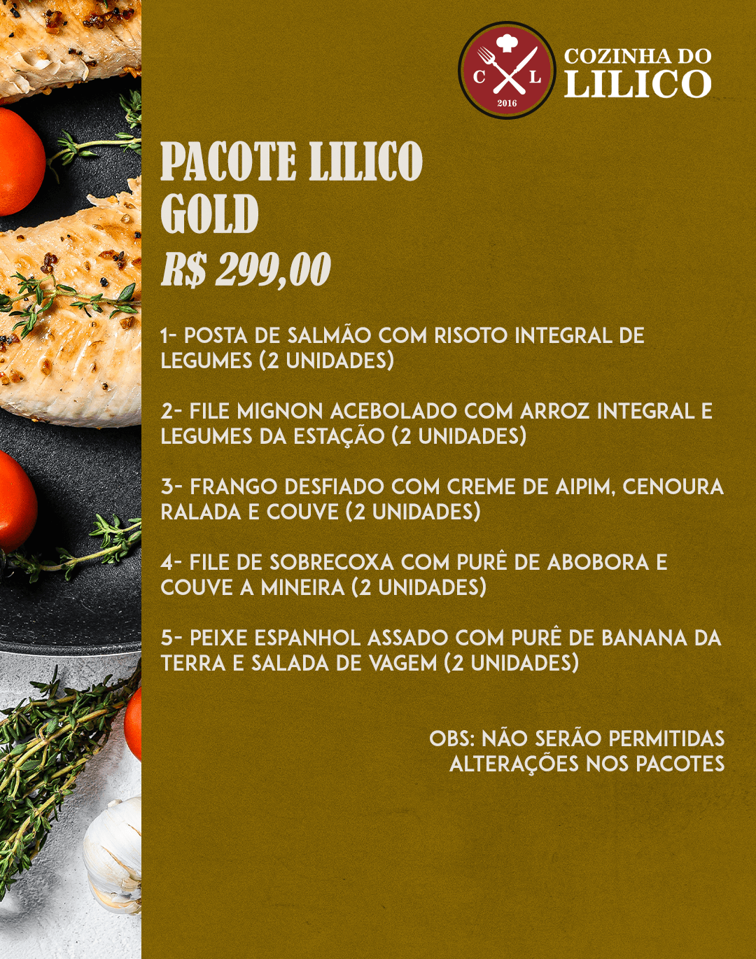 Flyer do pacote lilico gold com foto de comida