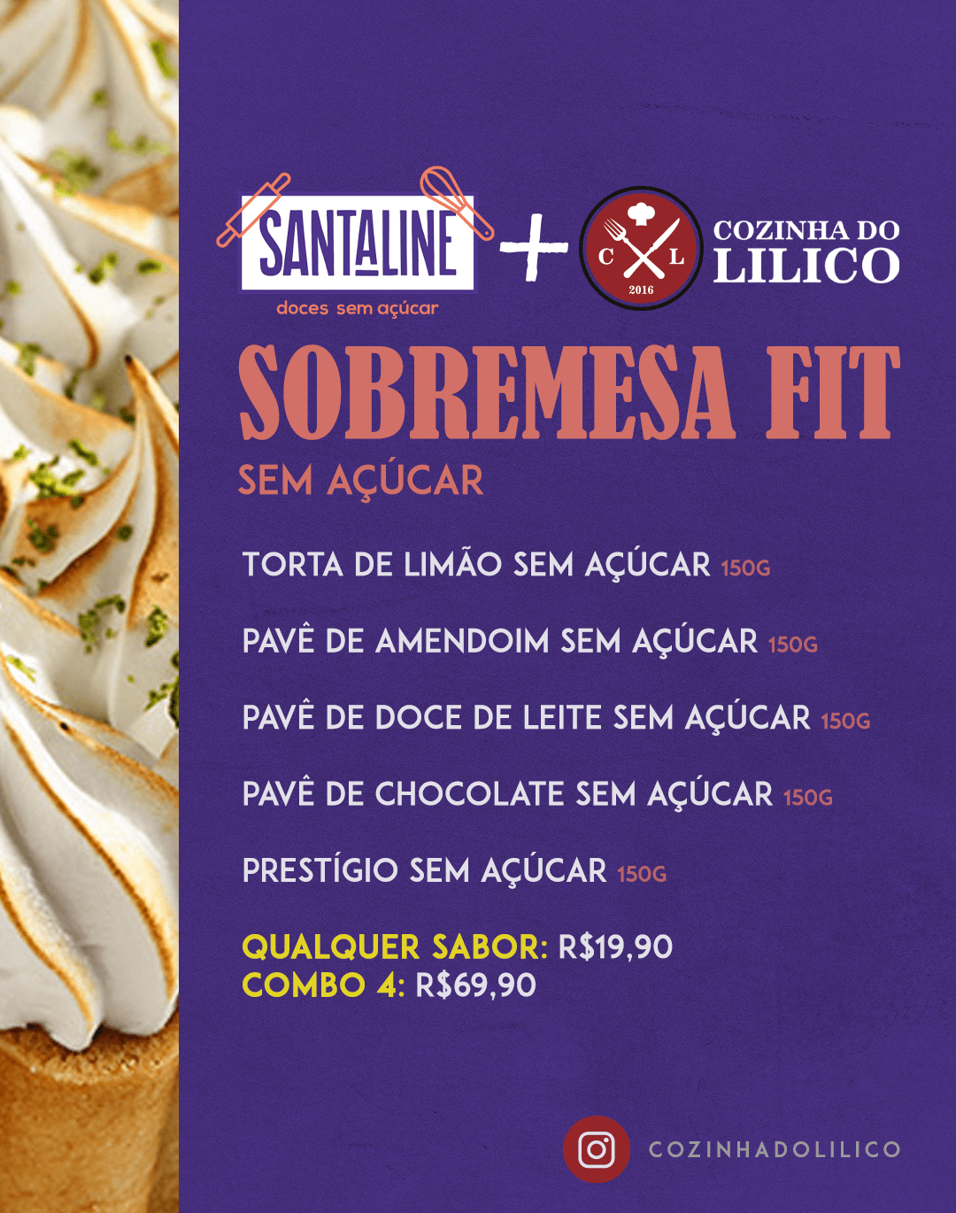 Uma propaganda roxa de santaline + sobremesa fit
