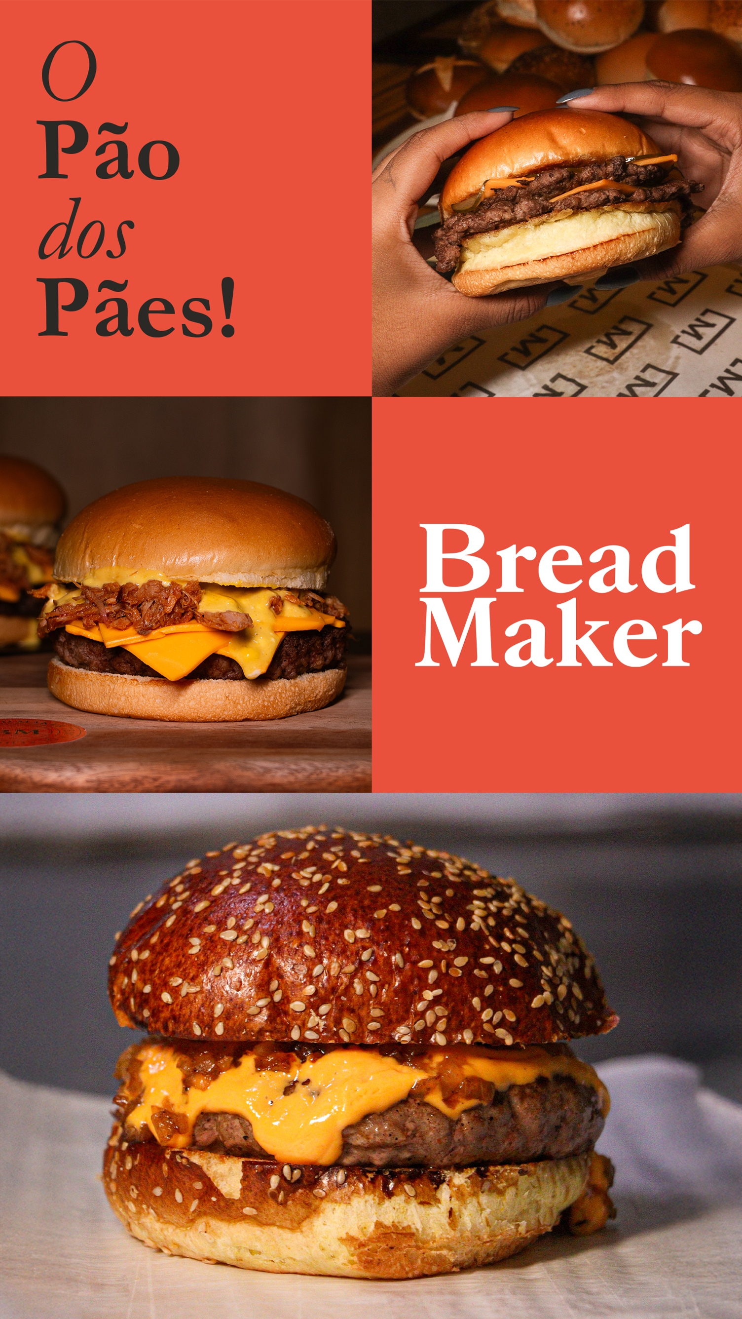 Um homem segura um hambúrguer em frente a uma placa que diz máquina de fazer pão