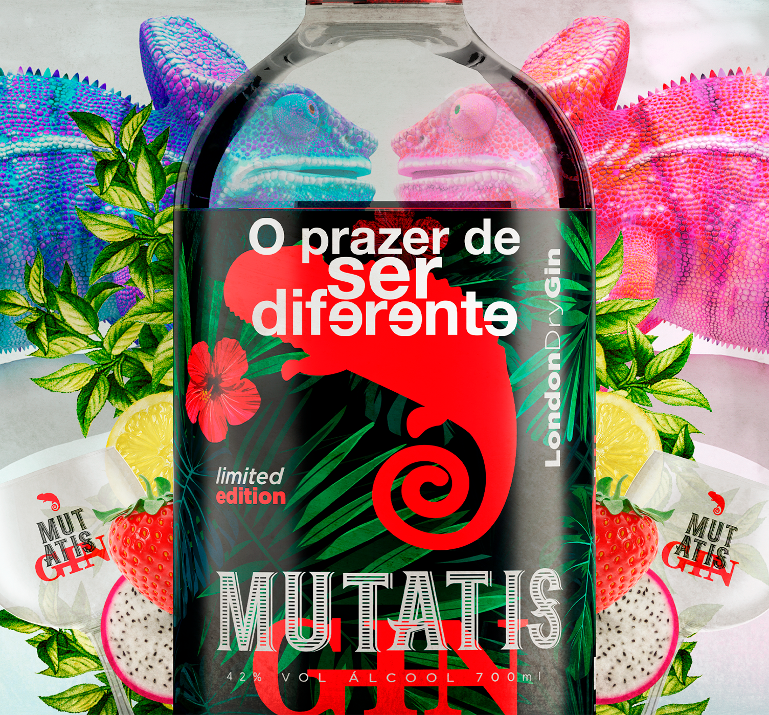 Uma garrafa de gim mutatis com um camaleão no rótulo