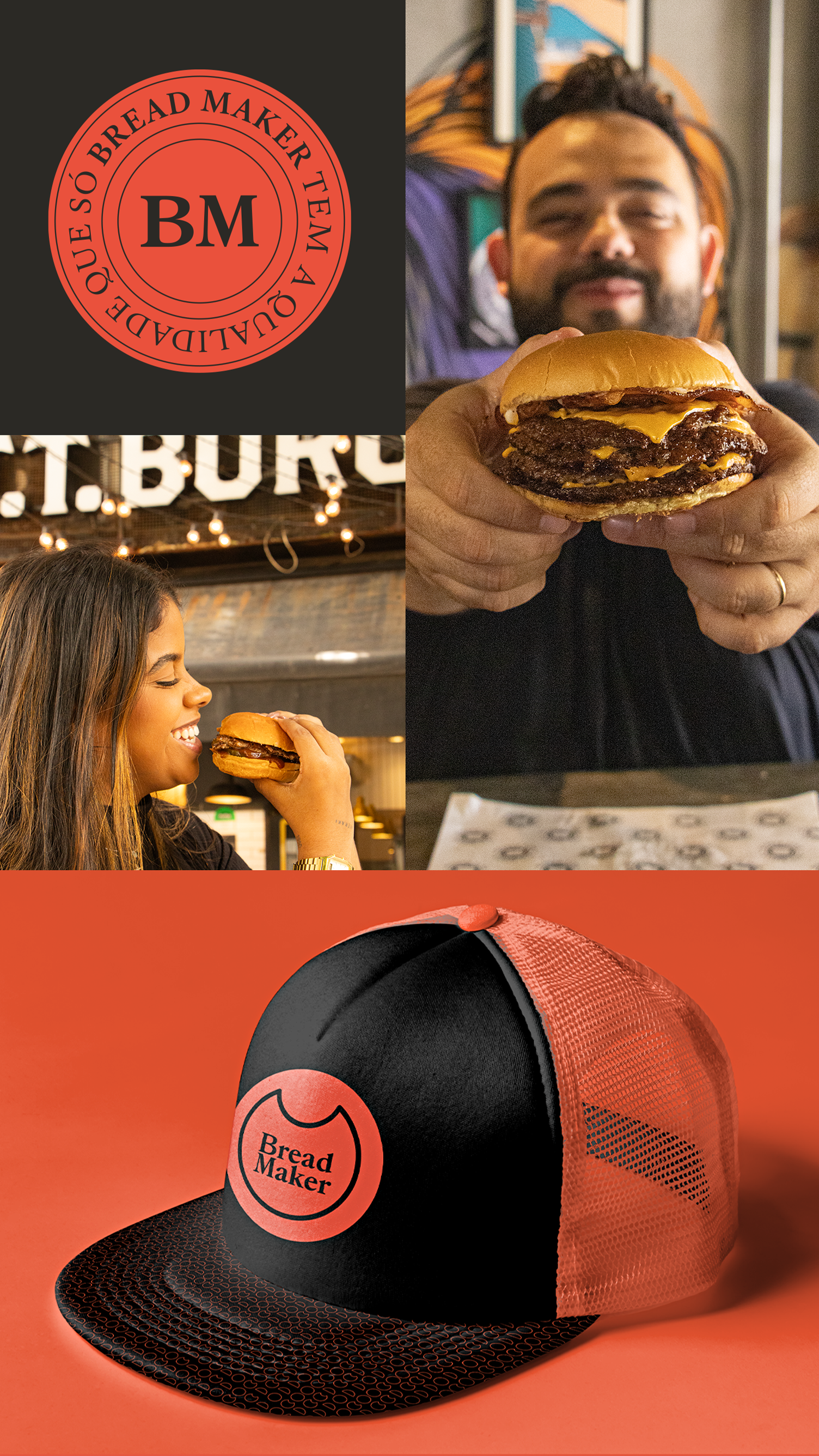 Um homem está segurando um hambúrguer na frente de uma multidão de pessoas.