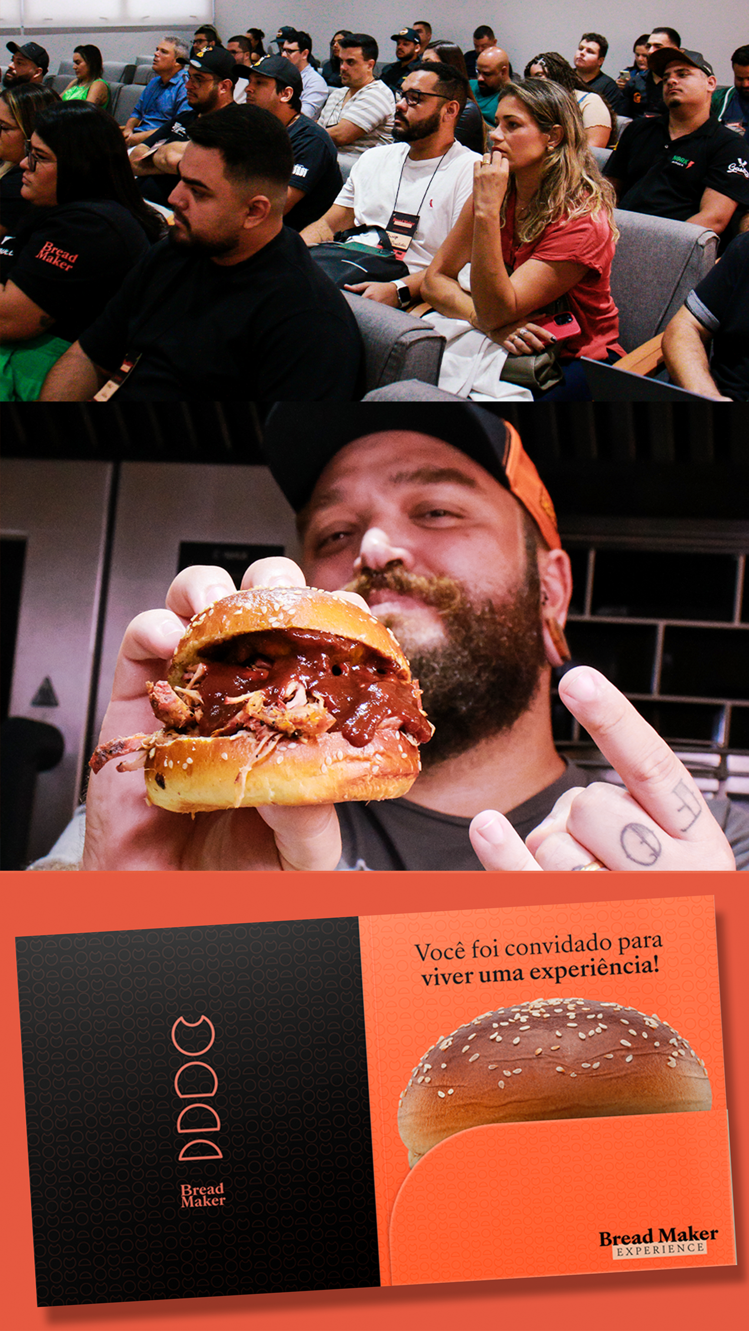 Um homem está segurando um hambúrguer na frente de uma multidão de pessoas.