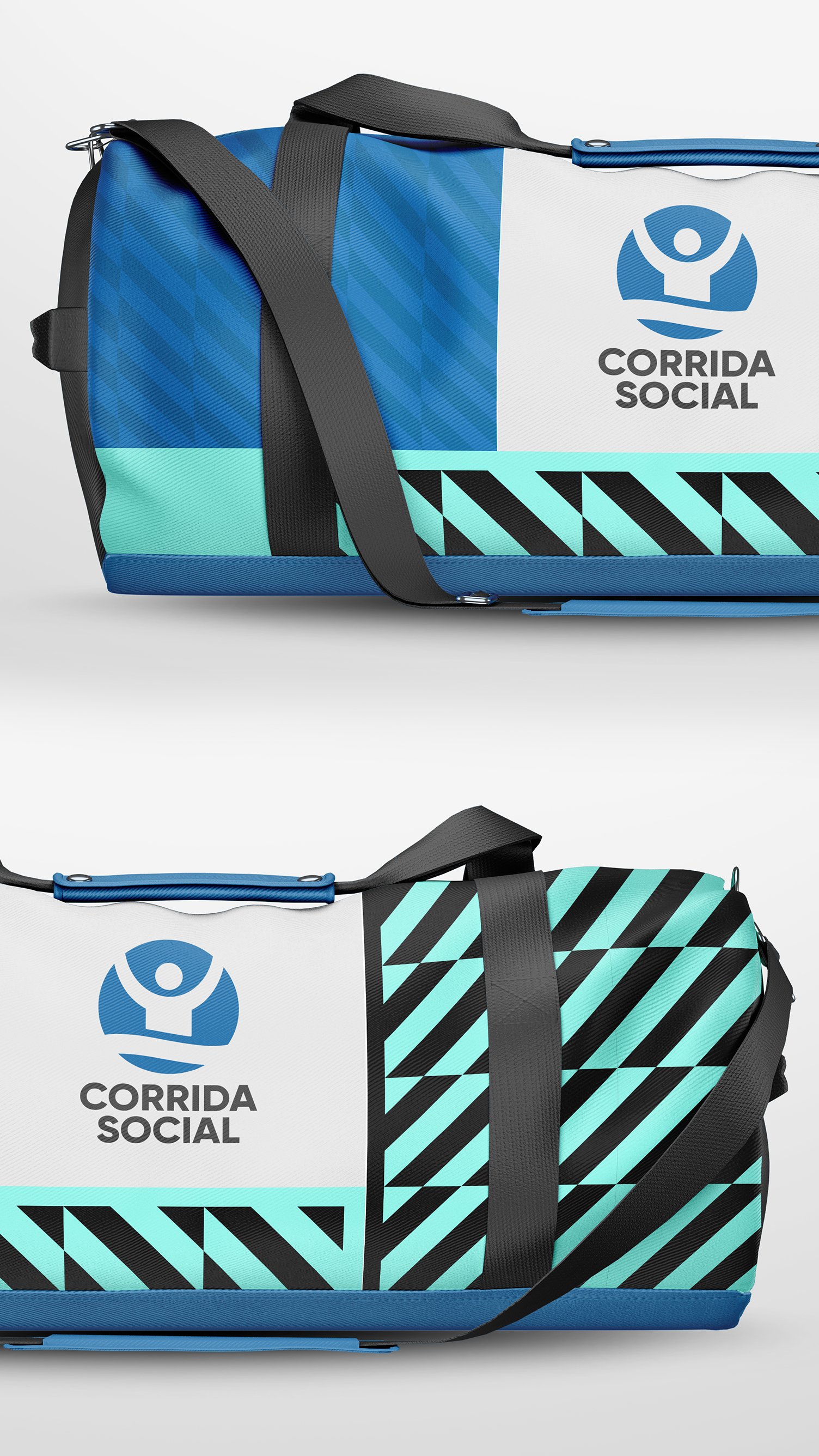 Uma mochila azul e verde com as palavras corrida social nela